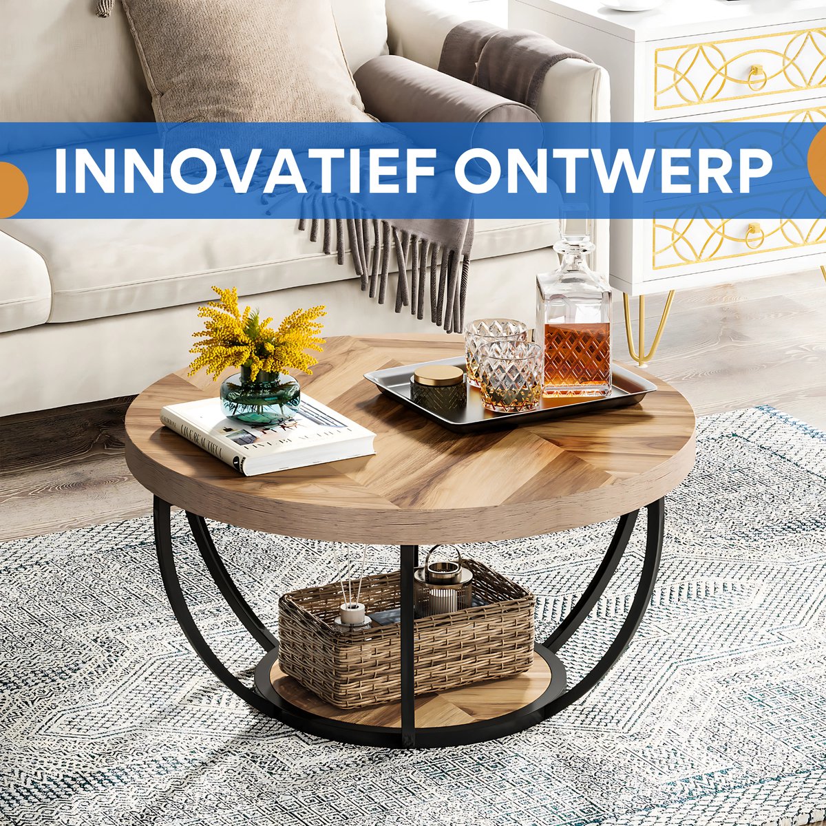 Salontafel Nolance - Rond - Modern - Voor woonkamer - Bijzettafel - 95cm - Bruin
