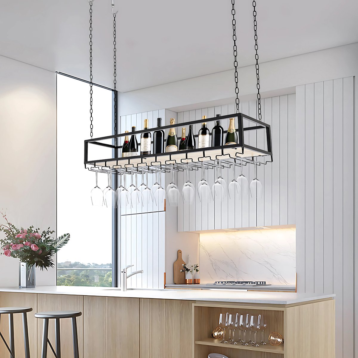 Hangend Wijnrek - Wijnglazen houder - Ophangrek wijnglazen - Voor Keuken, Bar of Eethoek - Verstelbare Plafondmontage - 120cm