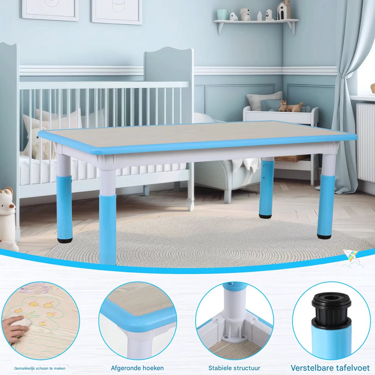 Kindertafel en 4-Stoelenset - In Hoogte Verstelbare Tafel voor Peuters voor Studie, Schrijven en Spelen - Activiteitstafel en Stoelen voor Kinderen - Blauw - 120x60cm