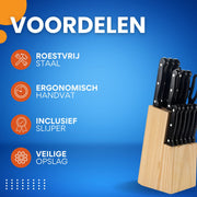 15-delige messenset - Keukenmessen - Messenblok - Voor keuken en koken - RVS messen met schaar, slijpstaaf en massief houten messenblok - Compleet messenset