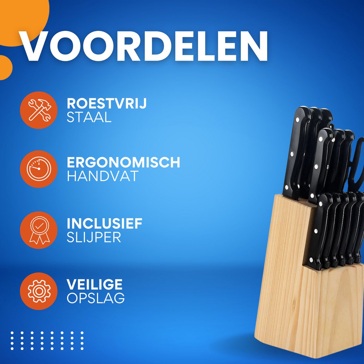 15-delige messenset - Keukenmessen - Messenblok - Voor keuken en koken - RVS messen met schaar, slijpstaaf en massief houten messenblok - Compleet messenset