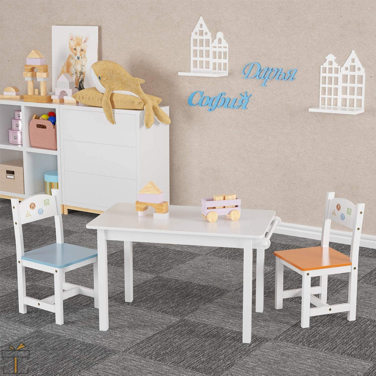 Happyment Kindertafel en 2 Stoeltjes - Kindermeubel - Speeltafel - Kinderbureau - Wit, blauw, oranje