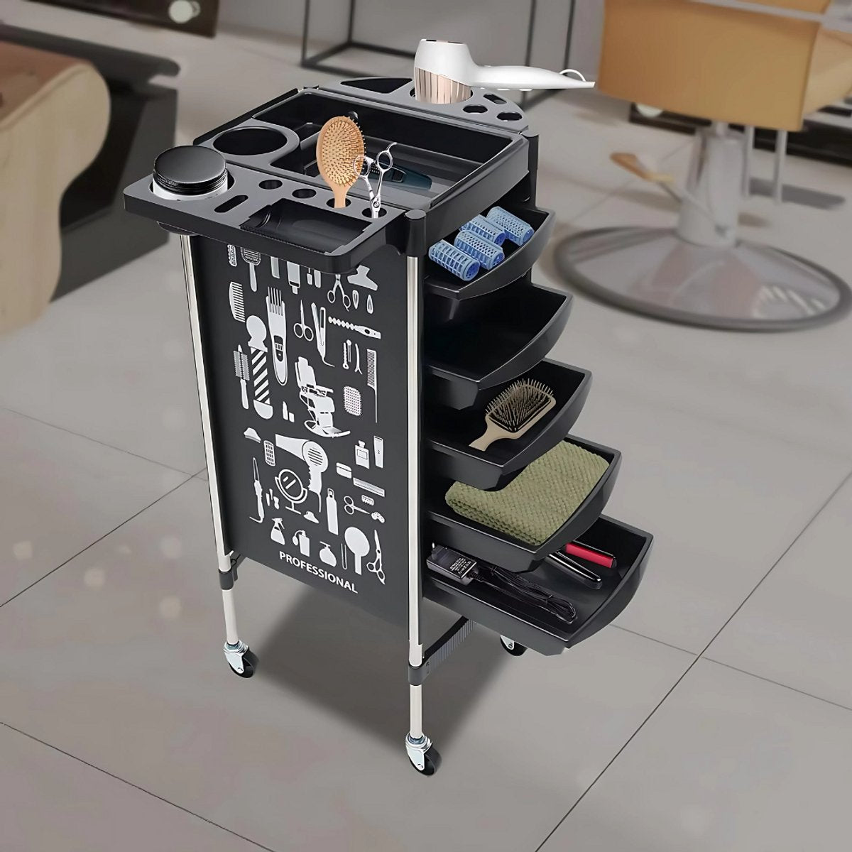 Kappers trolley Lucia - Met wielen - Zwart - Voor salons, spa’s en stylisten - Werkwagen