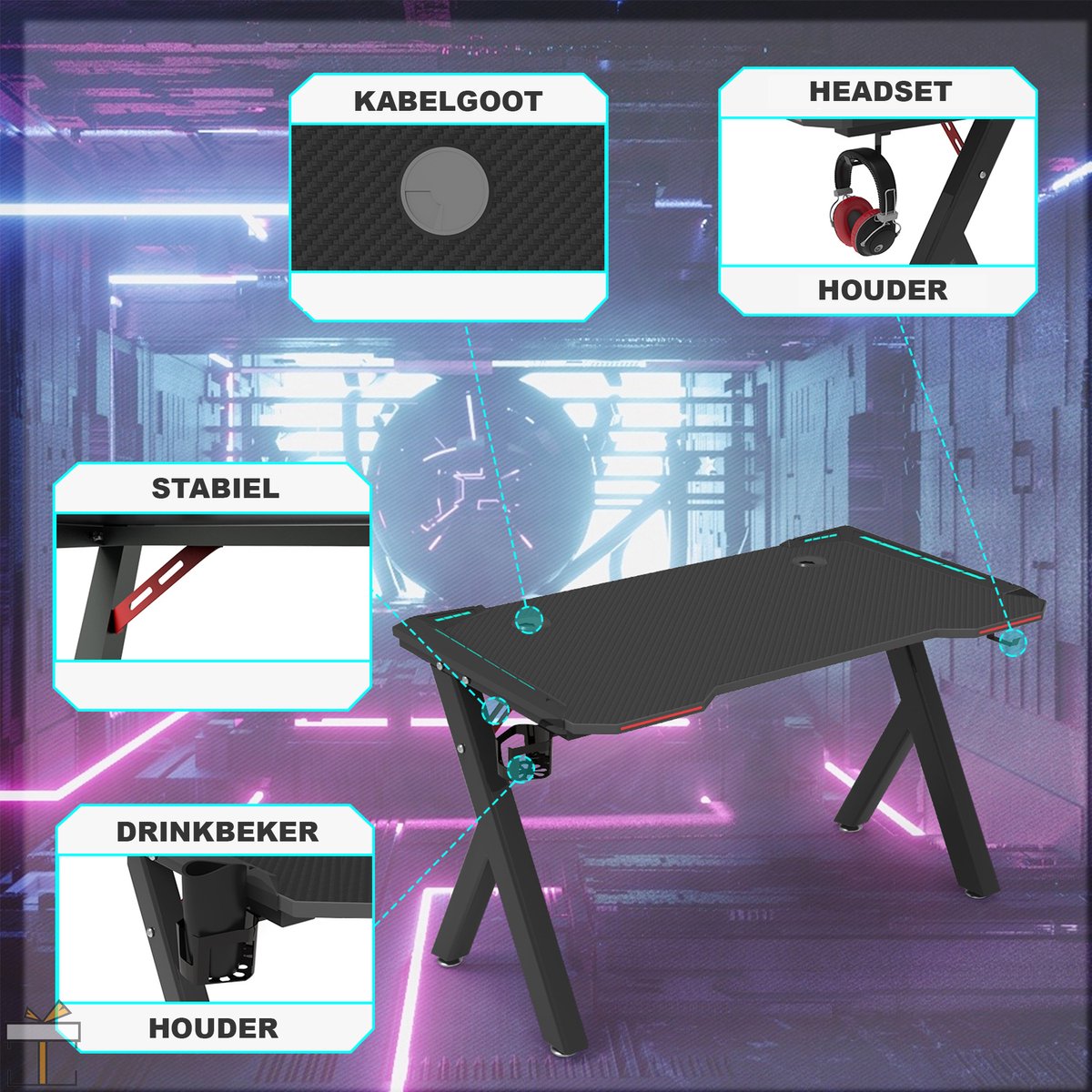 Happyment Gaming bureau Deluxe - Met RGB led verlichting - Gaming desk tafel - Headset en drinkbeker houder - Zwart - 120cm
