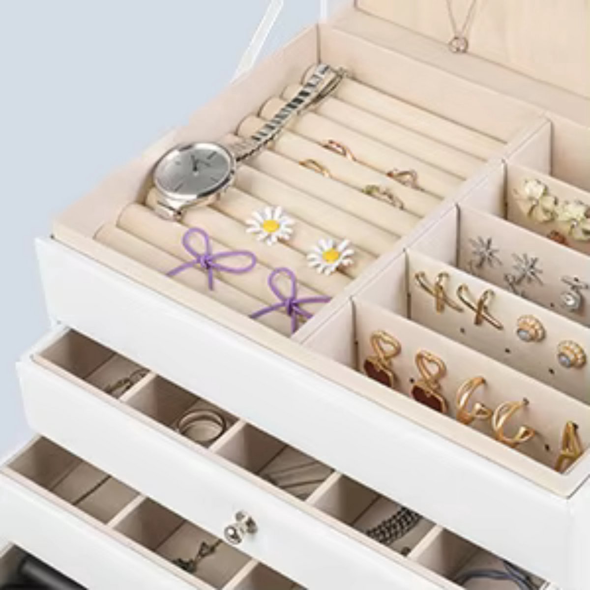 Sieradendoos Valora - Juwelendoos - Sieradenhouder - Organizer - Juwelenkistje - Dames bijouteriedoos - Sieradenopslag met Lades voor Kettingen, Horloges, Ringen, Oorbellen en Armbanden - Wit