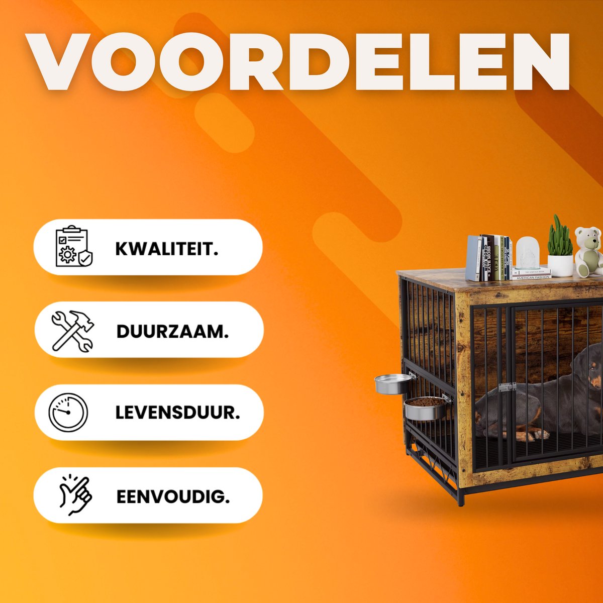 Houten Hondenbenche - Hondenren - Hondenkrat Bijzettafel met Afneembare Kommen en Dienblad - Dubbele Deuren Hondenkennel voor Middelgrote Honden Binnen - 112 x 73 x 78 cm - Bruin