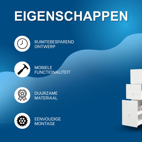 Badkamerkast - Opbergkast - Badkamermeubel - Voor smalle badkamers - Op wieltjes - Wit - 53*22,5*75 cm
