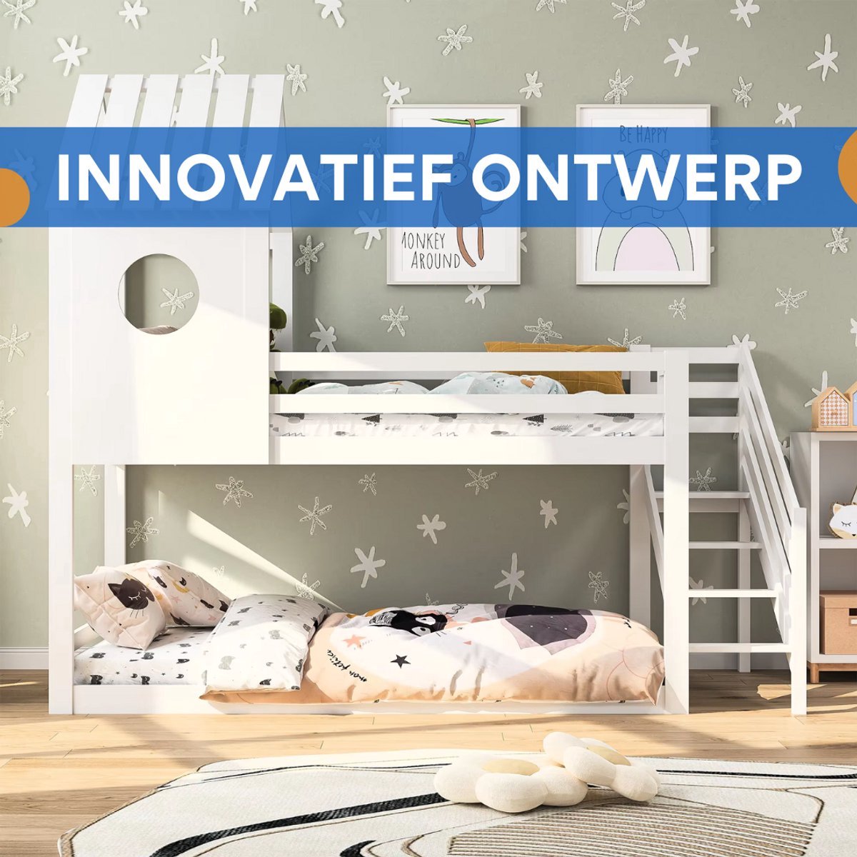 Stapelbed Tavien 200 x 90 cm - Voor Kinderen - 2 kinderbedden - Hoogslaper - Met Hoektrap, valbeveiliging en raam - Peuterbed