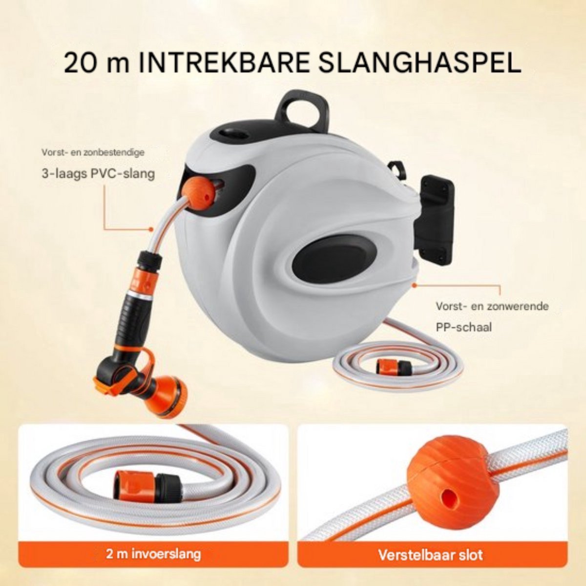 Tuinslanghaspel - 20M - Tuinslang haspel - Muurslangenbox - Sproeikop met 9 patronen - Slanghaspel flexibel
