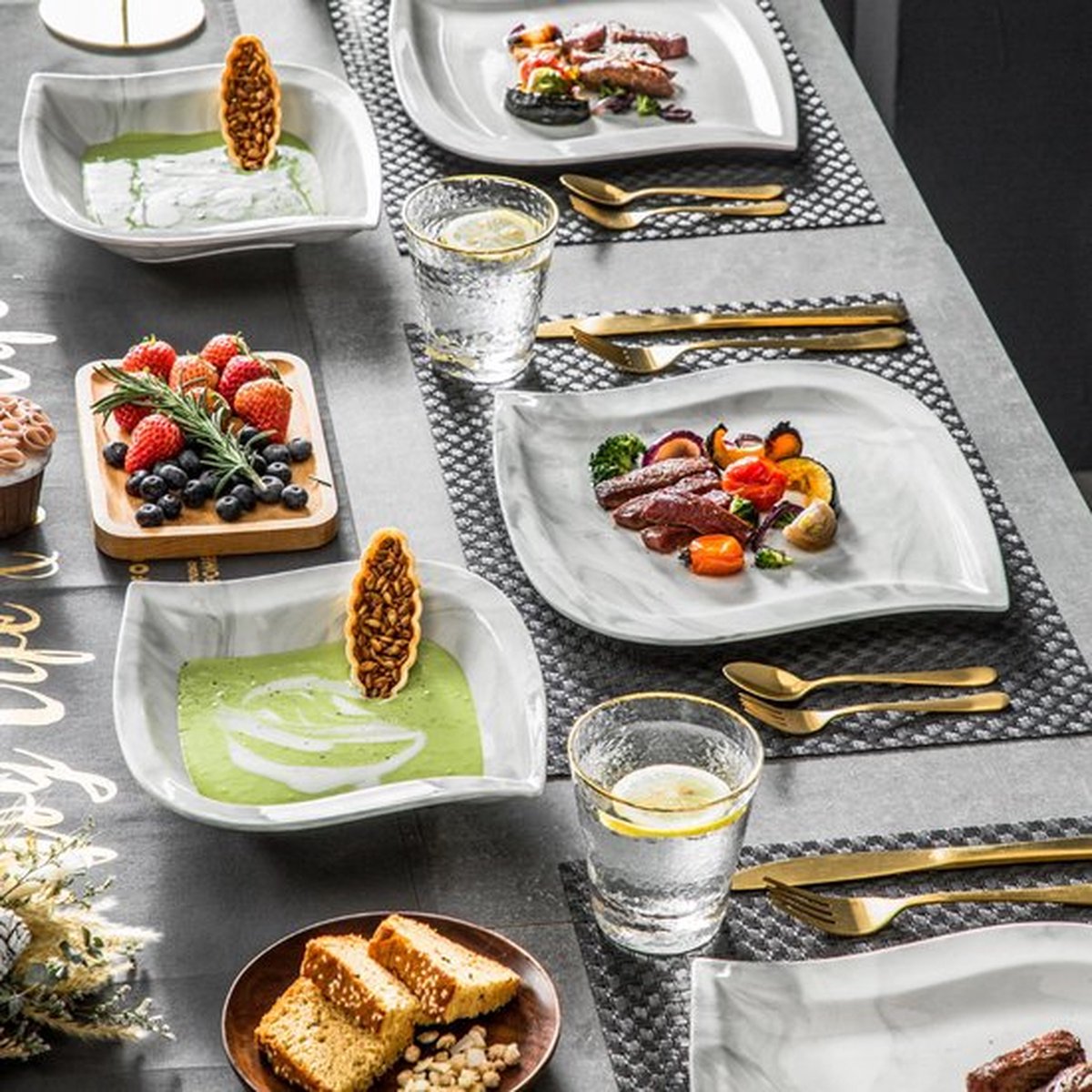 Happyment Serviesset Deluxe - 12 Persoons - Porselein - 24 Delig - Bordenset 12 persoons - Bordenset 24 delig - Marmer