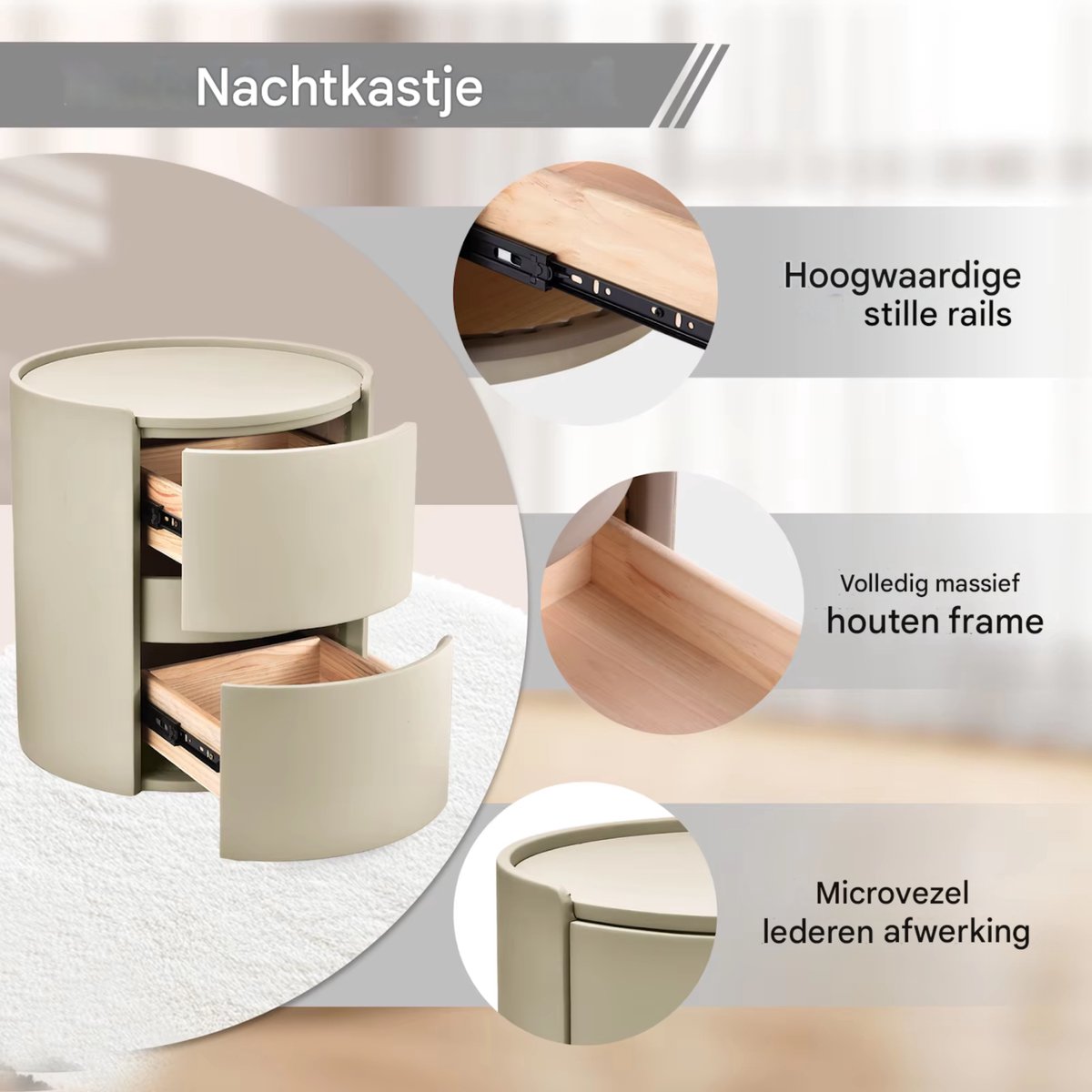 Rond nachtkastje - Bijzettafel - Voor thuis, kantoor of slaapkamer - Modern, met 2 laden - Massief hout - Wit
