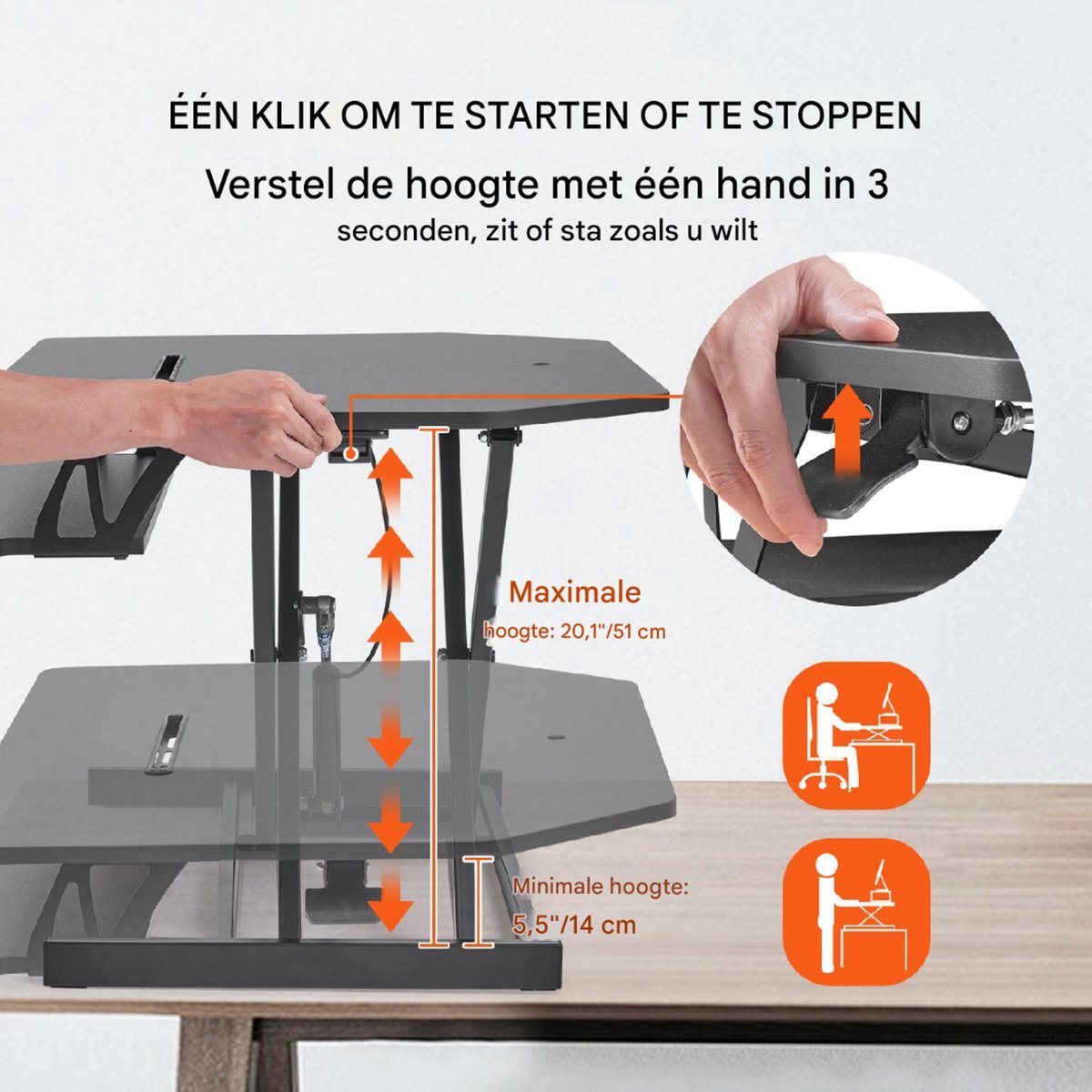 Luxe Bureau - Zwart Hout - Staande Bureauconverter - Dubbellaags Design