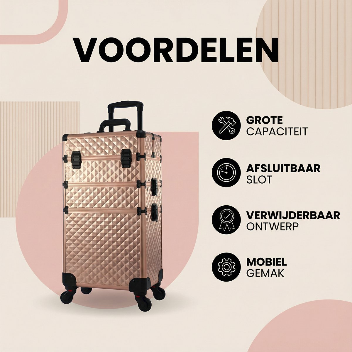 3-in-1 Rollende Make-up Trolley - Make up koffer - Kappers koffer - Beautycase - Voor Schoonheidssalons en visagie - Rose gold