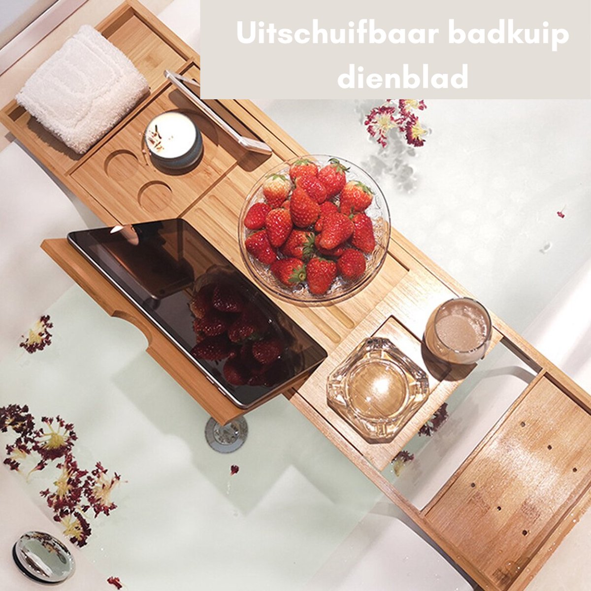 Frobin Badkuip Dienblad l Tablet Houder l Bamboe Lade l Spa Dienblad l Organiser l Boek Houder l Wijn Dienblad l Antislip Bodem l Uitschuifbaar Dienblad