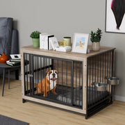 Houten Hondenbenche - Hondenren - Hondenkrat Bijzettafel met Afneembare Kommen en Dienblad - Dubbele Deuren Hondenkennel voor Middelgrote Honden Binnen - 99 x 63 x 75 cm - Grijs
