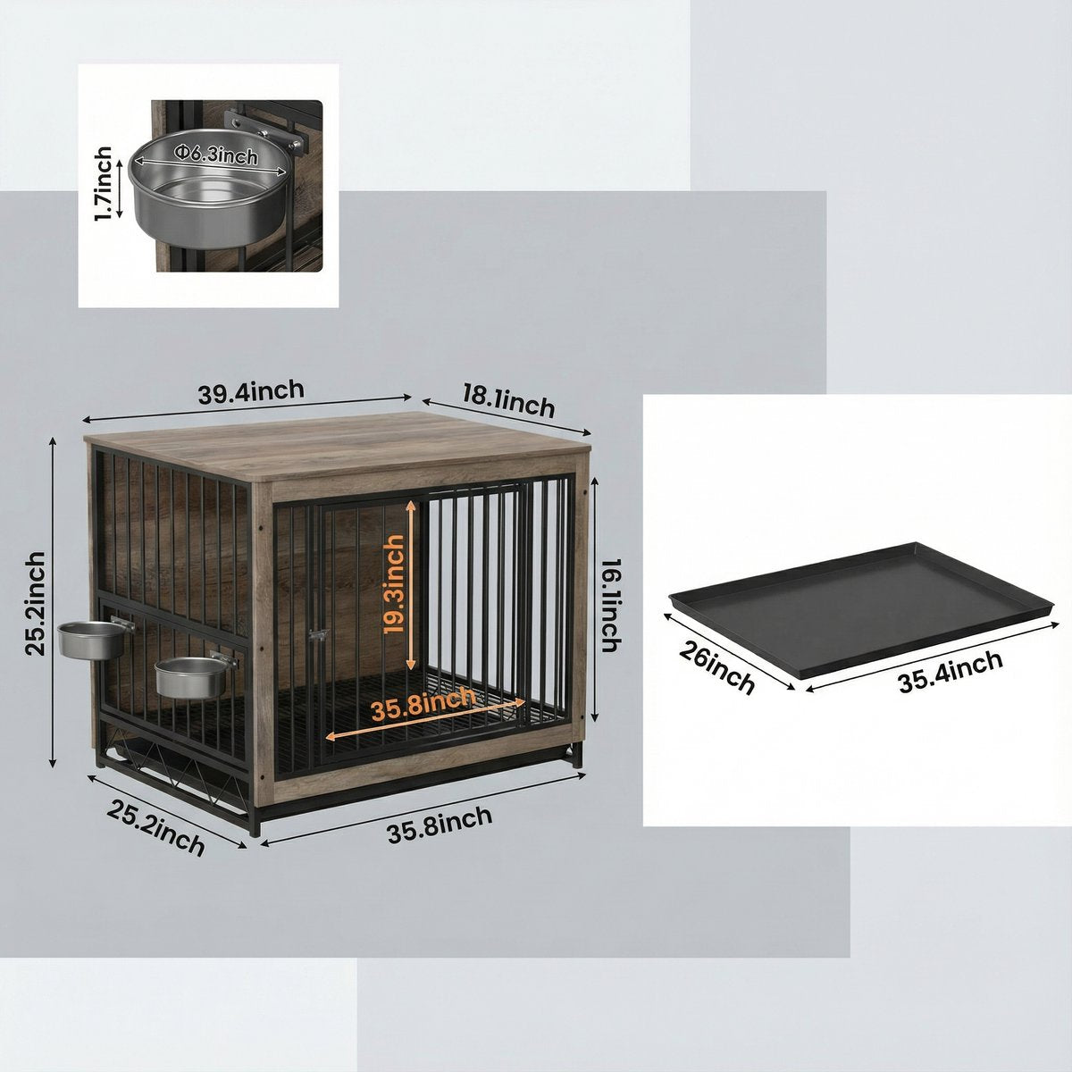 Houten Hondenbenche - Hondenren - Hondenkrat Bijzettafel met Afneembare Kommen en Dienblad - Dubbele Deuren Hondenkennel voor Middelgrote Honden Binnen - 100 x 68 x 64 cm - Grijs