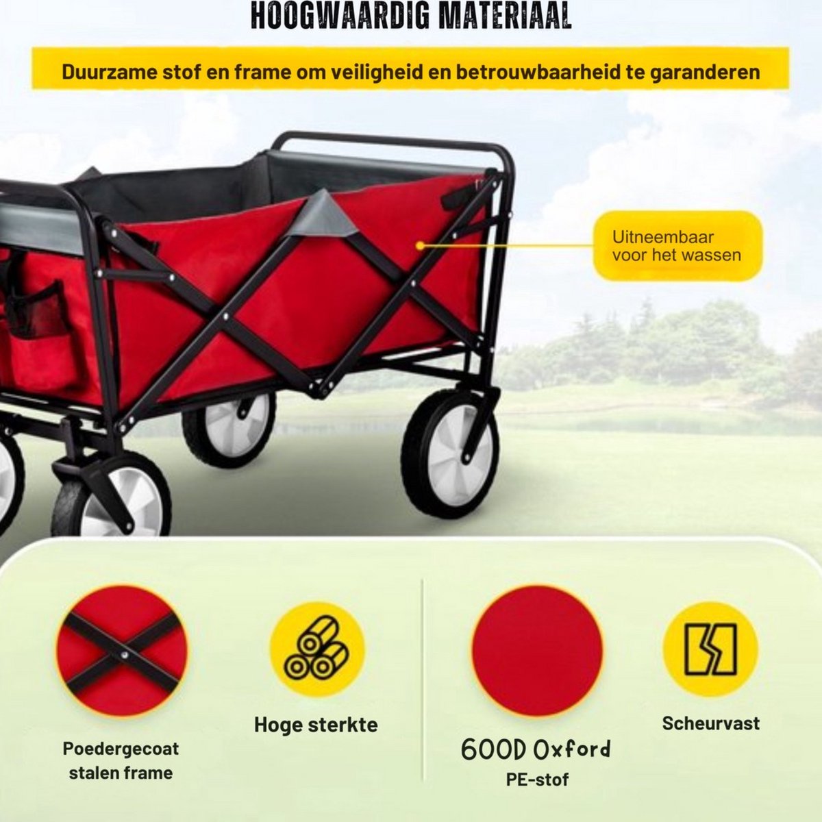 Bolderkar opvouwbaar - Massieve banden - Kinderenvervoer - Bodschappentrolley - Strandkar - Max 80kg