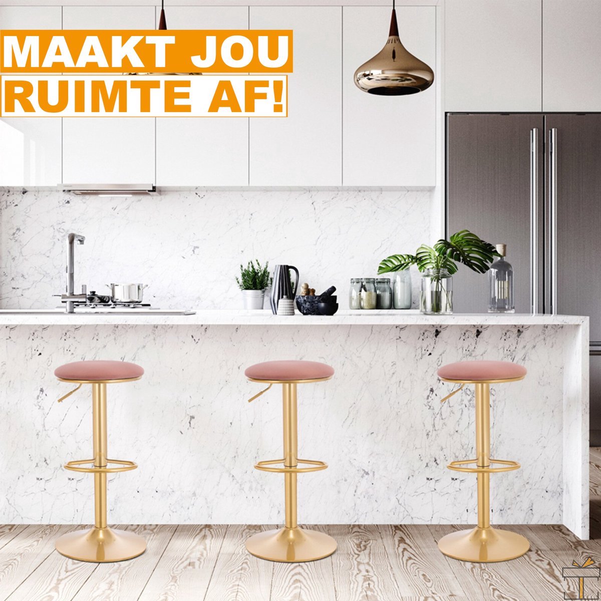 Luxe Barkruk - Velvet - Roze/goud - Zonder rugleuning - Verstelbaar - 38x(61-82)cm