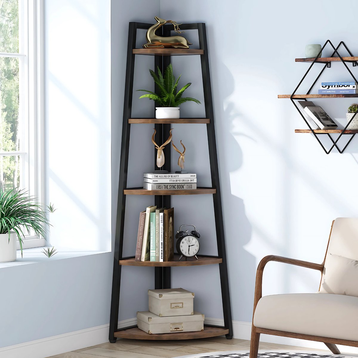 Hoekkast Larevo - Vakkenkast 180cm - Boekenrek Hoekmeubel - Opbergrek 5 Lagen - Zwart en Bruin
