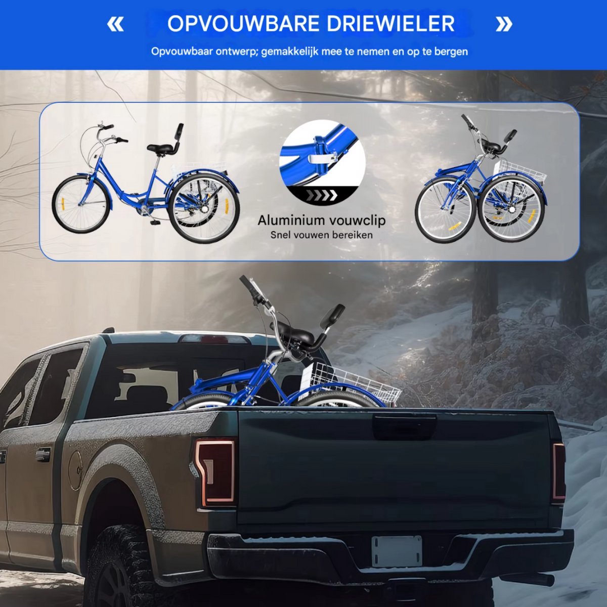 Opulence Driewieler Zico - 7 versnellingen - Fiets voor volwassenen en senioren - 24 Inch - Opvouwbare Trike - Met mand - Voorrem - Blauw
