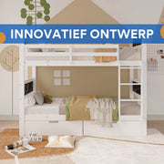 Stapelbed Fioren voor kinderen - 90x200 cm - Kinderbedden - Hoogslaper - Met Hoektrap, valbeveiliging en raam - Peuterbed