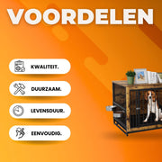 Houten Hondenbenche Tavien - Hondenren - Hondenkrat Bijzettafel met Afneembare Kommen en Dienblad - Dubbele Deuren Hondenkennel voor Middelgrote Honden Binnen - 99 x 63 x 72 cm - Bruin
