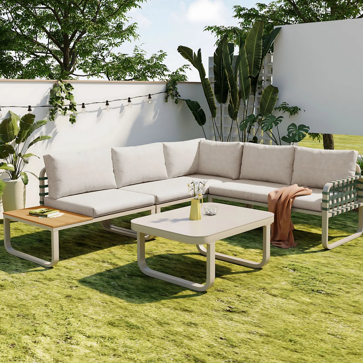 Tuinmeubelset - Loungeset - Tuinlounge Lounge Set - 4-5 Zits Lounge Set - Groen Leder & Rotan - Met Comfortabele Kussens voor Buiten