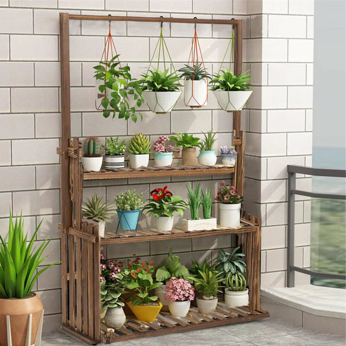 Houten plantenstandaard - 3 lagen - Bloemenrek - Bonsai plantenrek - Voor binnen & buitengebruik