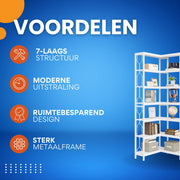 Boekenkast met 7 Lagen - Hoekkast - Wit - Hoekrek - Voor Woonkamer, Slaapkamer of Kantoor