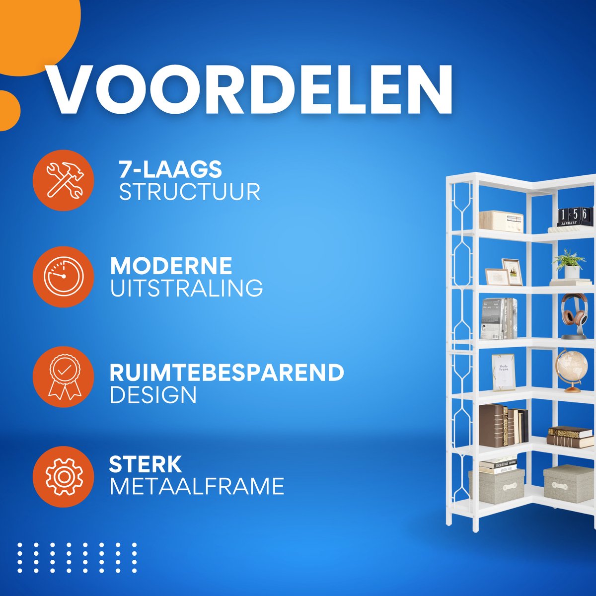 Boekenkast met 7 Lagen - Hoekkast - Wit - Hoekrek - Voor Woonkamer, Slaapkamer of Kantoor