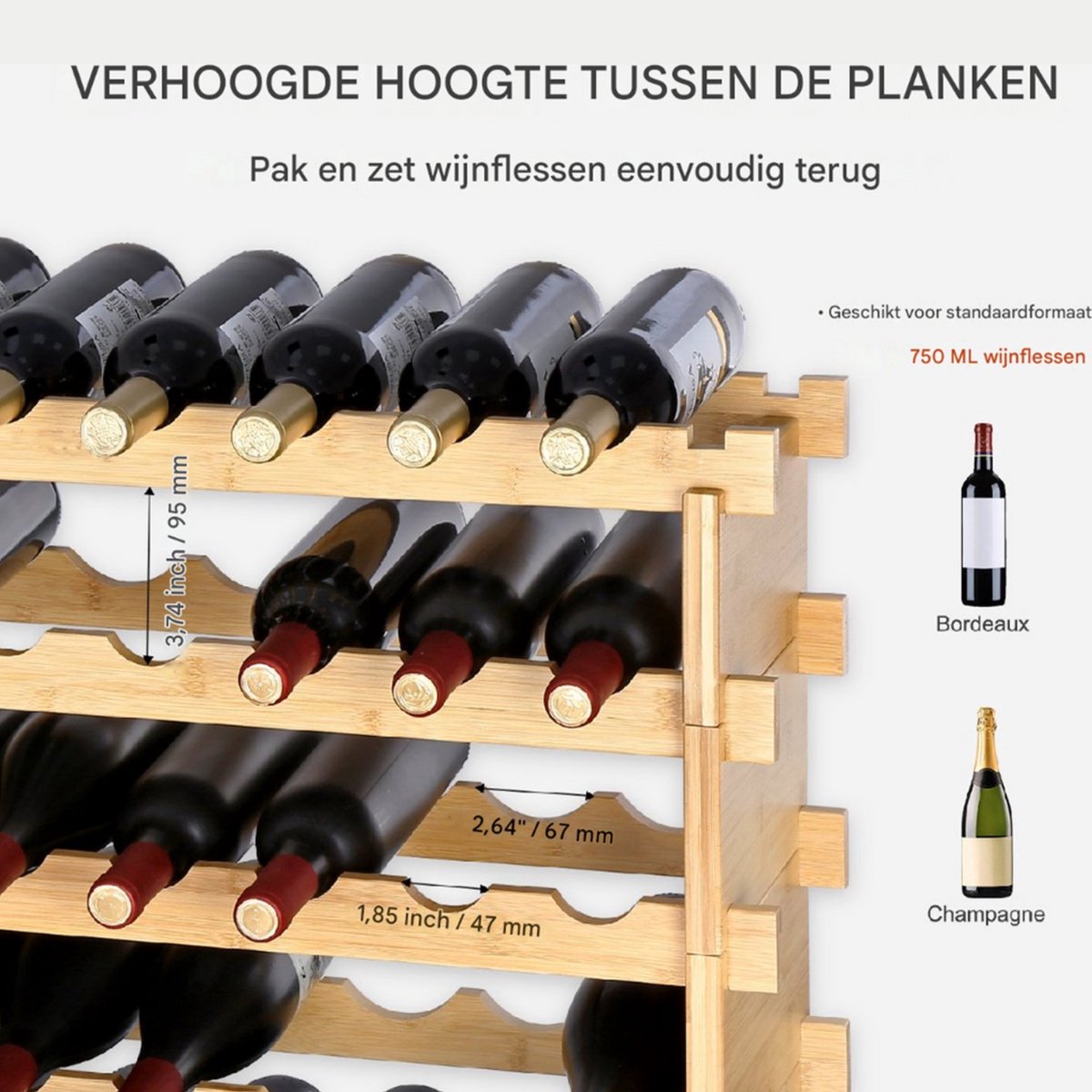 Wijnrek deluxe - Bamboe Flessenrek - Wijnkast staand - 8 Vakken - Tot 72 Flessen Opslag