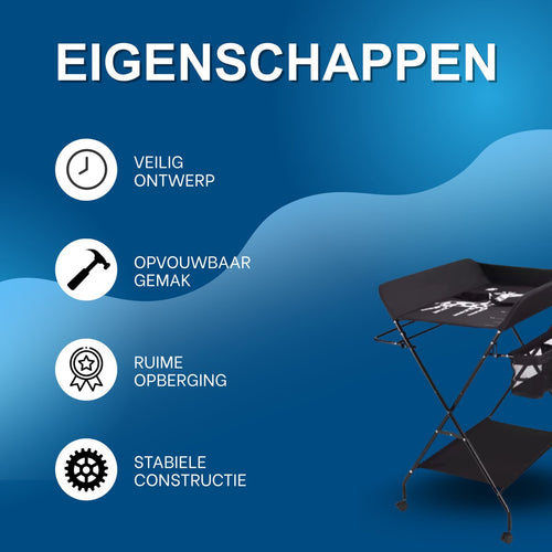 Babyverschoontafel – Verzorgingstafel - Opvouwbaar voor kinderkamer – Stabiel en veilig met opbergruimte – Max. draagvermogen 15 kg – Zwart - Met wielen