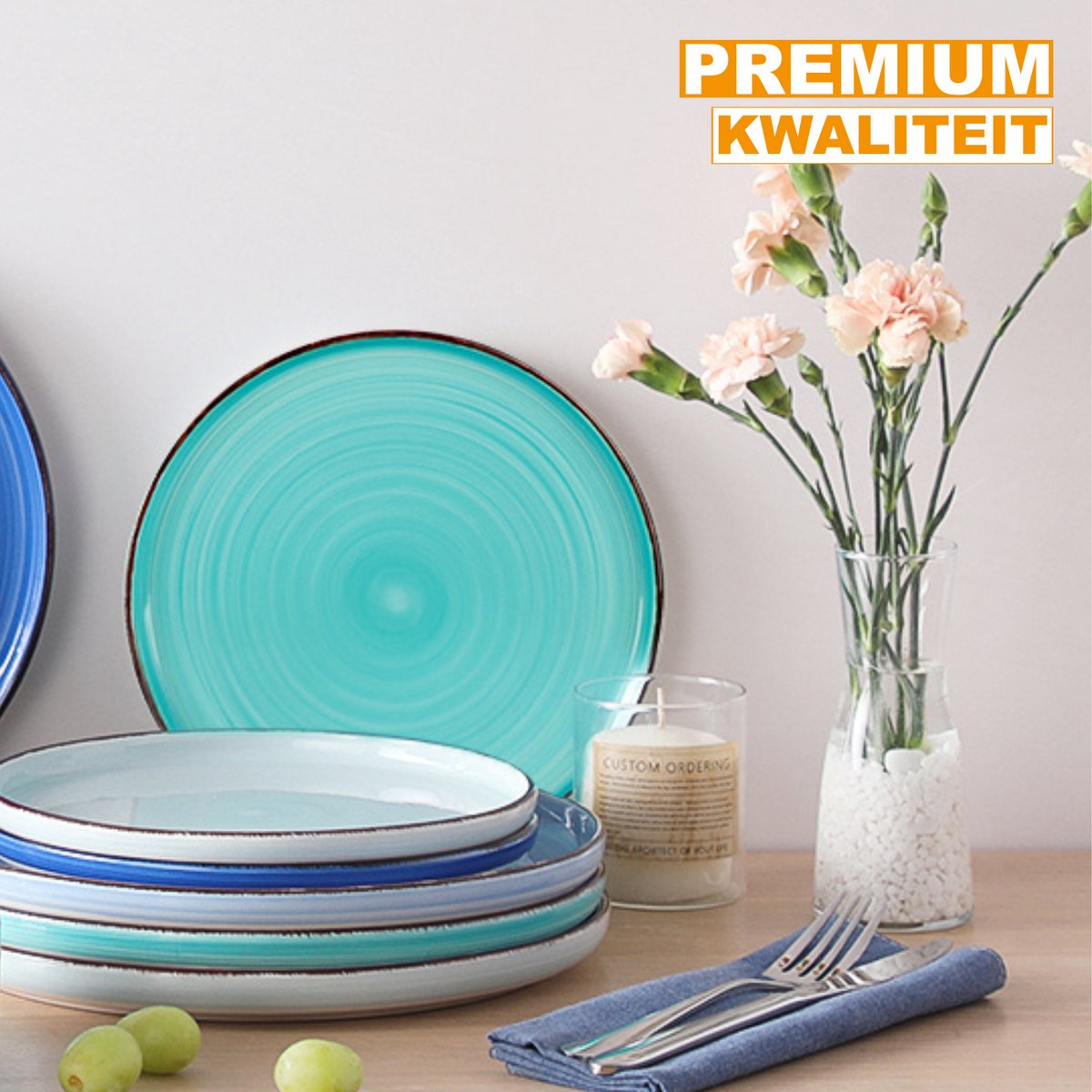 Belviano Serviesset - 12 delig - 4 persoons - Blauw - Dinerborden - Bordenset - Diepe borden - Ontbijtborden - Servies - Keukenservies