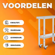 Keukentafel horeca - RVS - Werktafel met wielen - Bijzettafel verplaatsbaar - Keukeneiland
