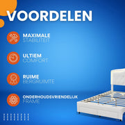 Kinderbed Fioren voor meisjes - 140x200cm - Gestoffeerd bed met 2 lades - LED-verlichting en rugleuning - Lattenbodem - Twijfelaar