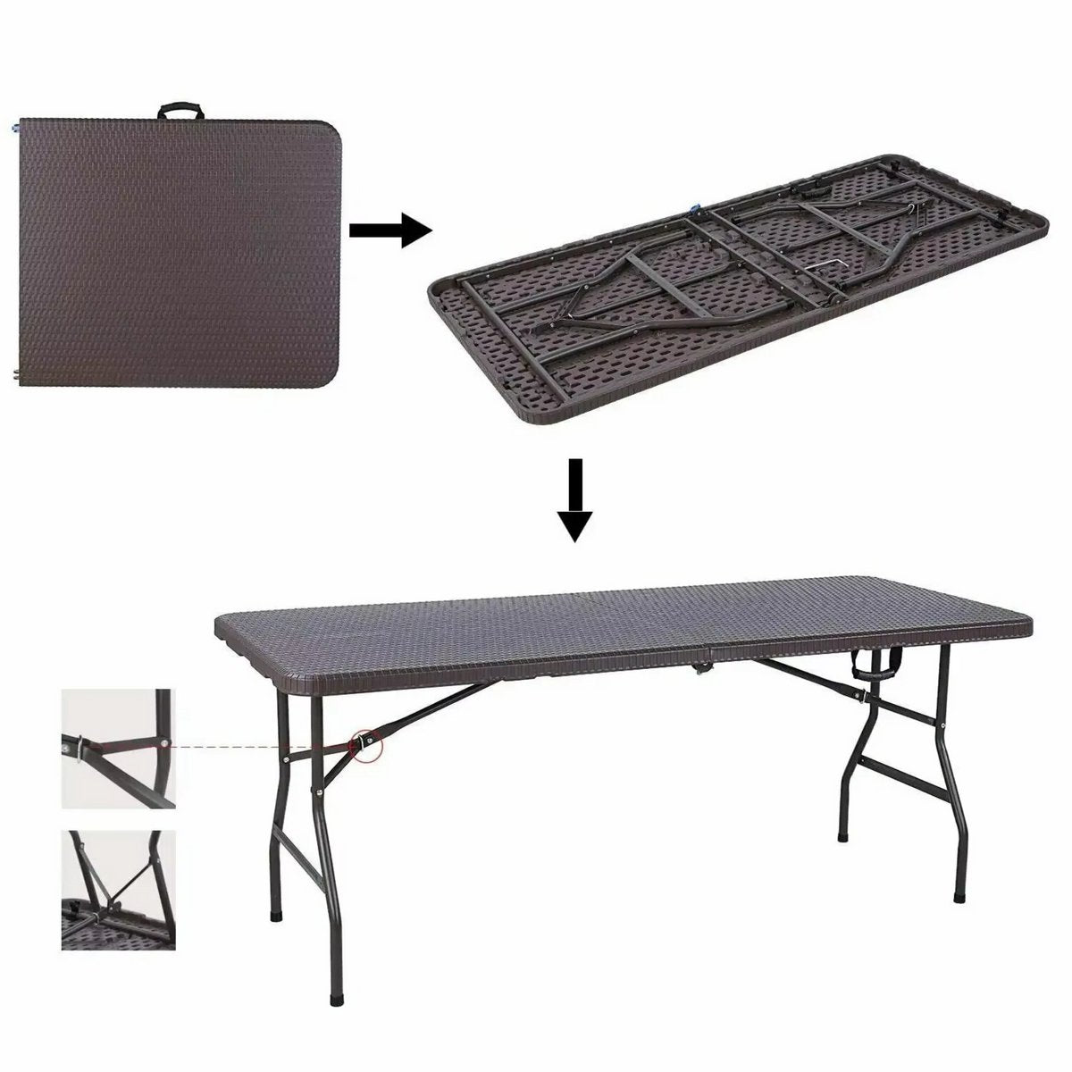 Kampeertafel - 6 tot 8 personen - Picknicktafel - Opvouwbaar - Klaptafel - Voor kinderen en volwassenen - Camping en Tuin - Inklapbaar - Metaal en rotan - 180 cm - Waterdicht