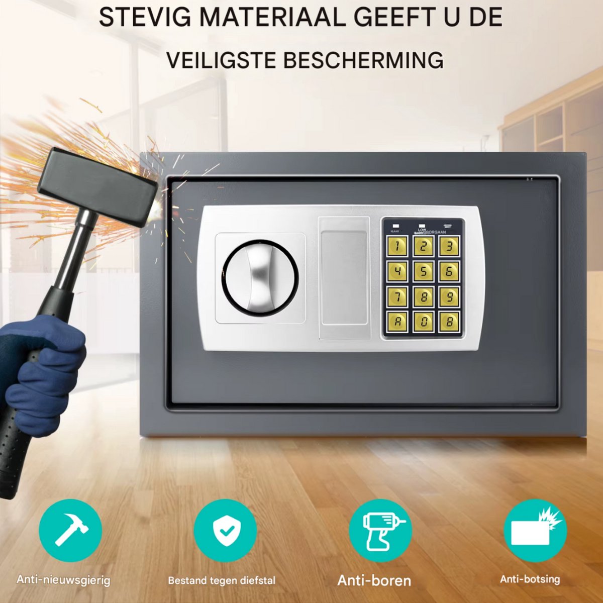Digitale Code Veiligheidskluis Quorin - 16L Veiligheidsbox voor Thuis, Kantoor & Hotel - 2 Noodsleutels voor Geld & Documenten