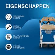 Toiletstoel met Wielen - Zitting met leuning - Transfer hulpmiddel - Sta-op hulpmiddel - Voor Badkamer en Thuiszorg - Hoogte Verstelbaar 40-60 cm, Max. 100 kg - Ivoor