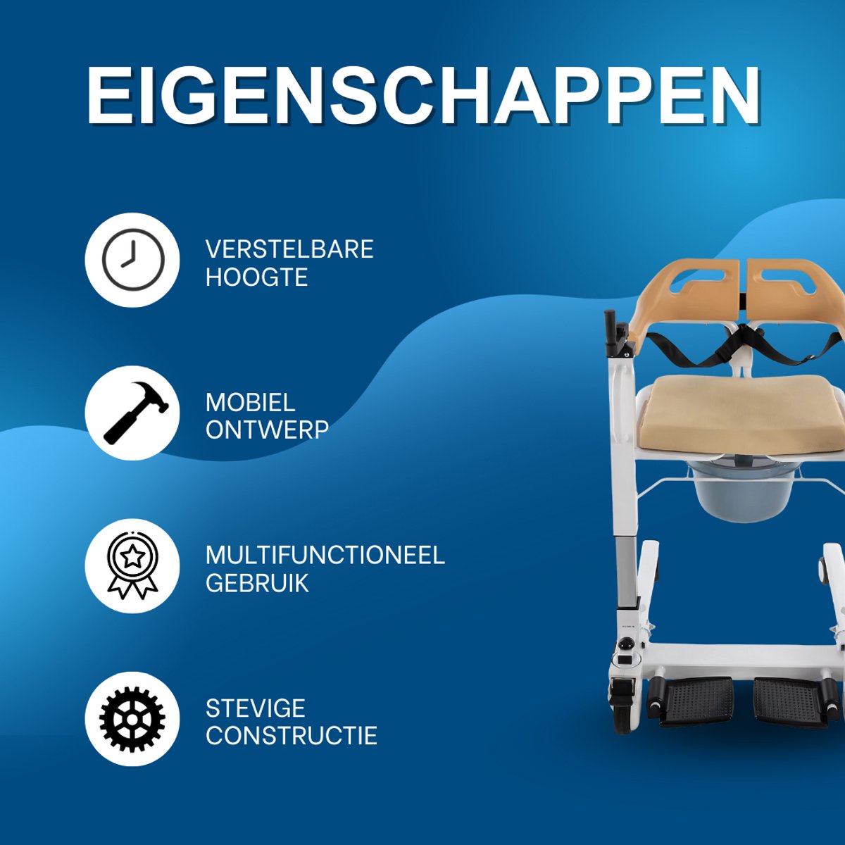 Toiletstoel met Wielen - Zitting met leuning - Transfer hulpmiddel - Sta-op hulpmiddel - Voor Badkamer en Thuiszorg - Hoogte Verstelbaar 40-60 cm, Max. 100 kg - Ivoor