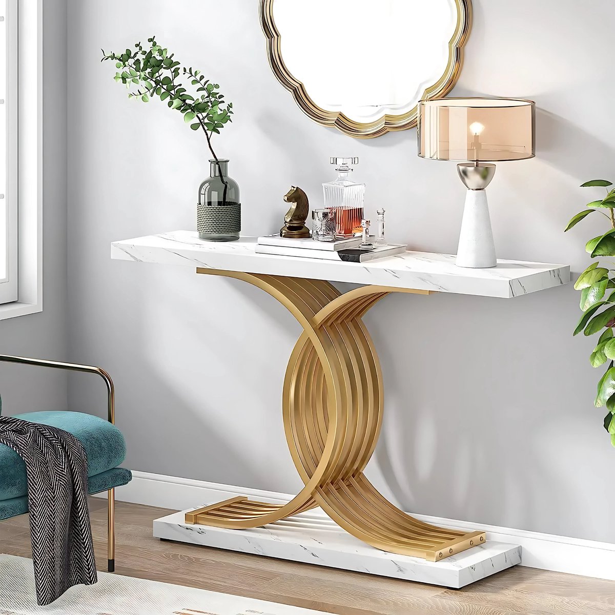 Moderne Console Tafel - Sidetafel - Wandtafel - Haltafel - Wit/goud - Voor Hal of woonkamer of Gang - Marmer look - 100cm