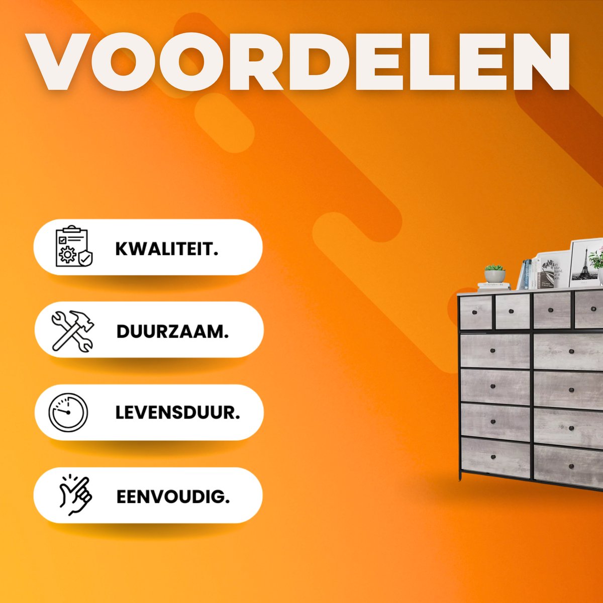 Dressoir kast - Grijs - voor Woonkamer of slaapkamer met 12 Lades - Stof en stalen frame - Ladekast - Opbergkast