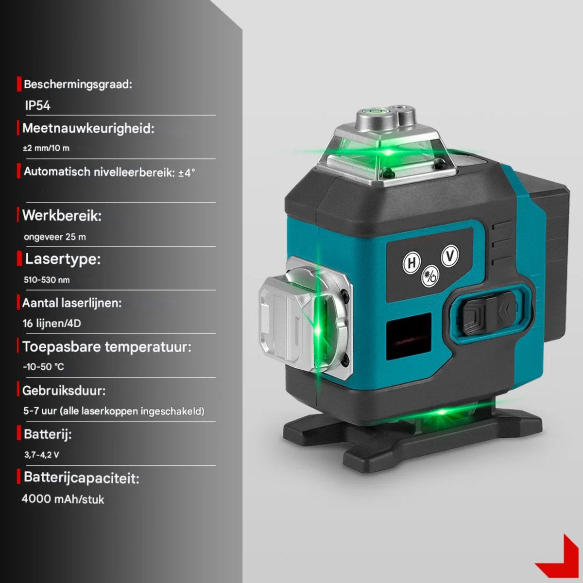 Lijnlaser - Kruislijnlaser – Voor nauwkeurige horizontale en verticale uitlijning - In bouw en interieur – 16-lijnen 360° - Groen - Inclusief 1-meter statief