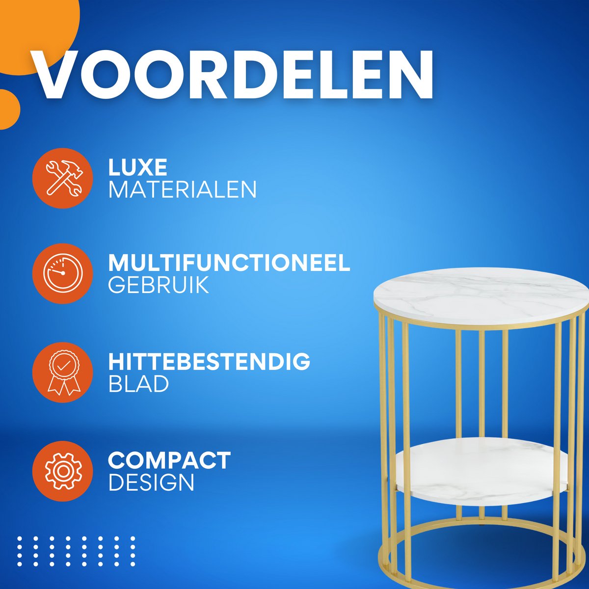 Ronde bijzettafel Malito -Salontafel - Woonkamer - Marmerlook wit - Side table - 40cm