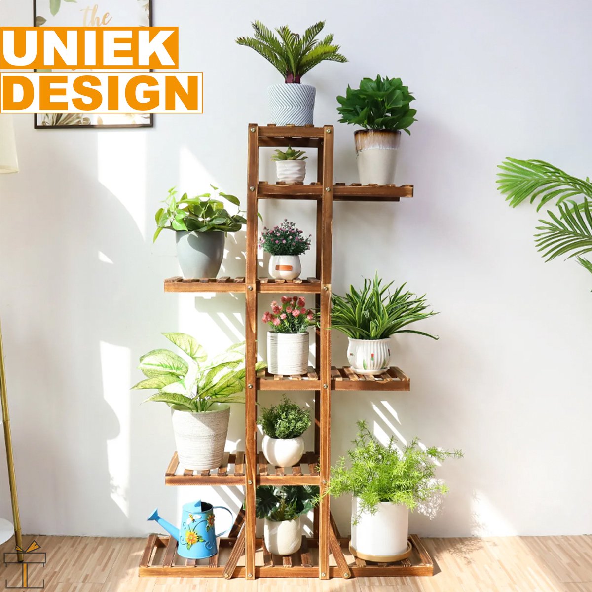 Happyment Plantenstandaard - Plantenrek trap - Bloemenrek voor binnen en buiten - Tuin etagere hout - 131cm