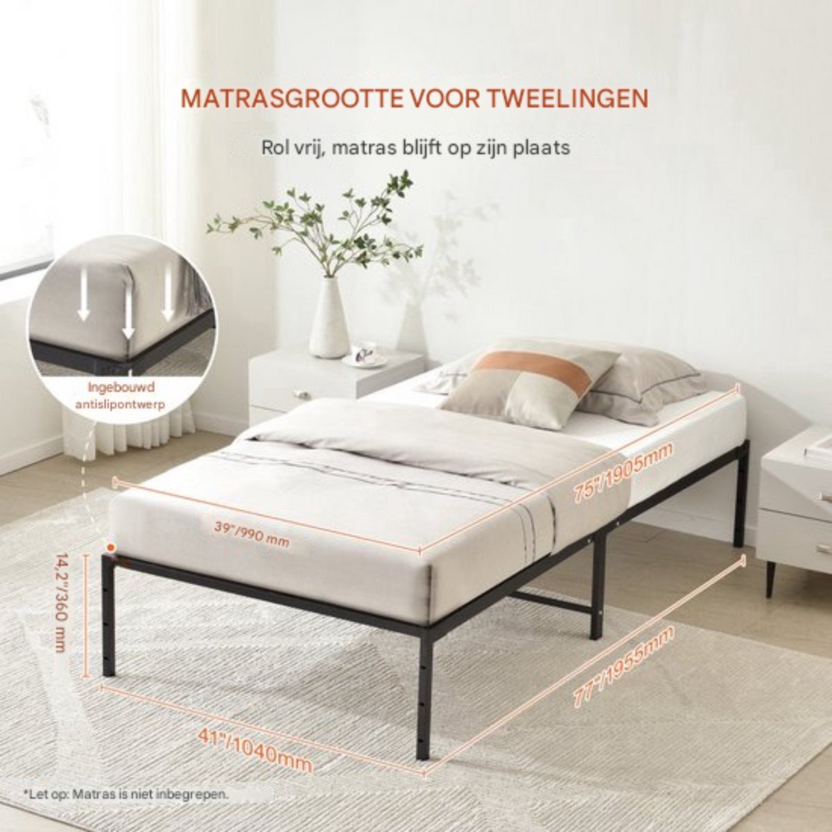 Bedframe met lattenbodem - 100x200cm - Eenpersoonsbed - Platformbed - Stalen Frame - 272kgdraagvermogen - Met Opbergruimte - Zwart