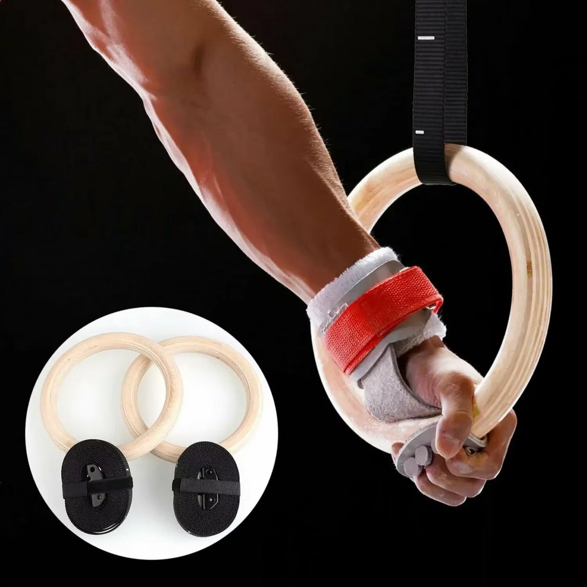 Houten turnringen voor fitness - 32mm - CrossFit, Gym & Calisthenics - Gymnastiek ringen hout – Krachttraining – Incl. Ophangbanden & Antislip Tape