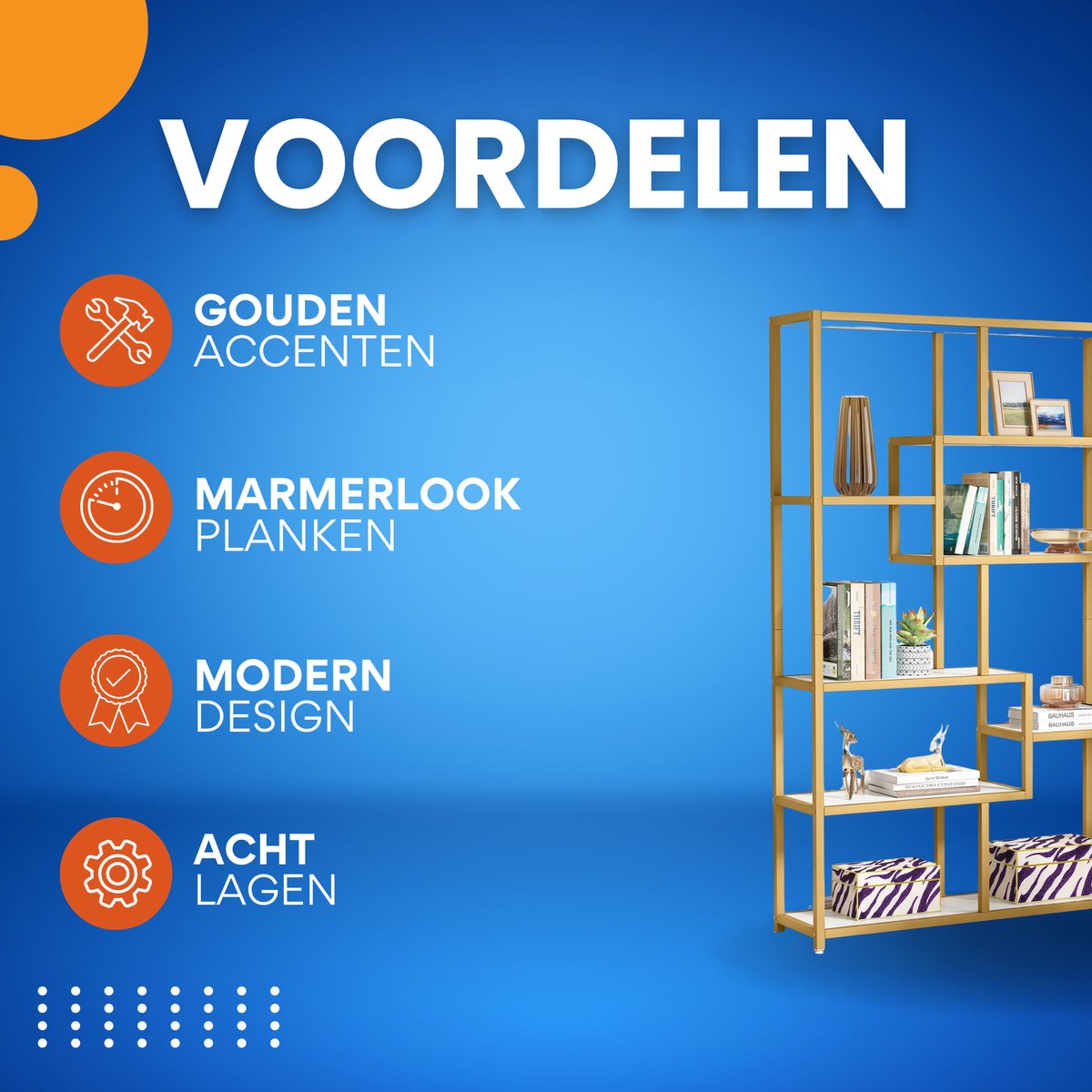 Boekenkast Ceylix - 8 Lagen - Boekenrek - Moderne Opbergrek Metaal - Goud met Marmerlook - Woonkamer