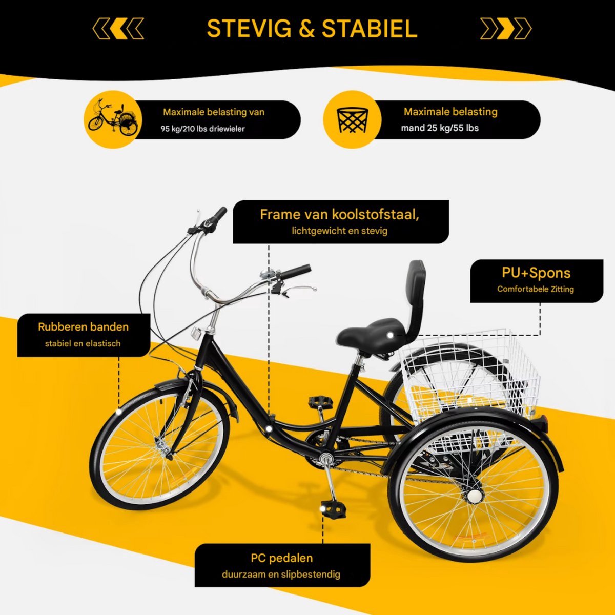 Driewieler Zyrell - Nevlo - 7 versnellingen - Fiets voor volwassenen en senioren - 24 Inch - Opvouwbare - Verstelbaar - Met mand - Voorrem - Zwart - 120KG