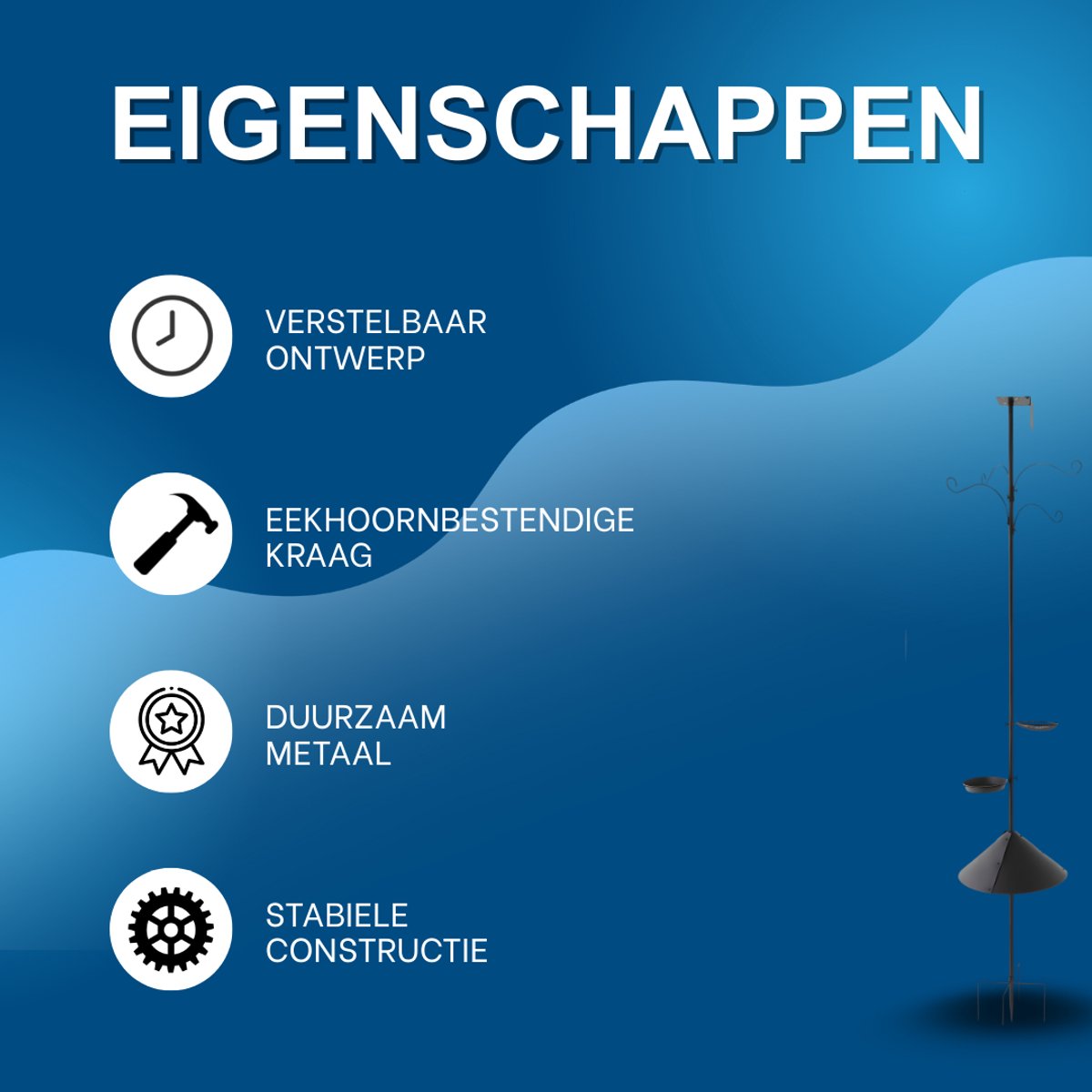 Vogelvoederpaal - Voederstation - met haakjes - Voor vogels voeren in de tuin - Verstelbaar met voederbakjes en eekhoornbestendige kraag - Metaal - Zwart