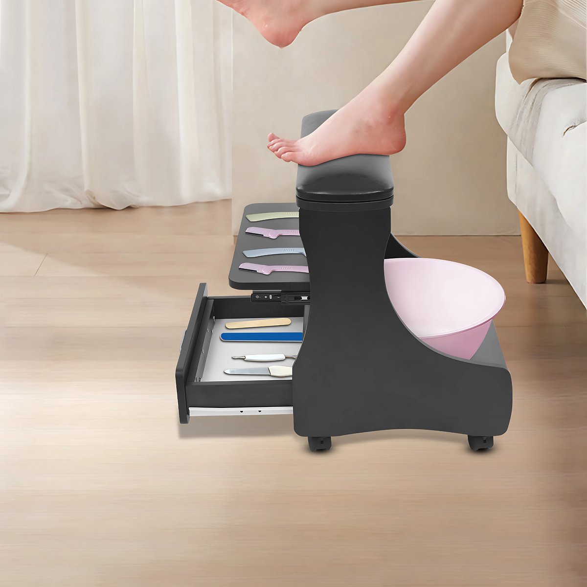 Pedicure Voetsteun - Voetenbank - Pedicure stoel - Voor Thuisgebruik en Schoonheidssalons - 3-Lagen met Lade en Wielen - PU Lederen - Zwart